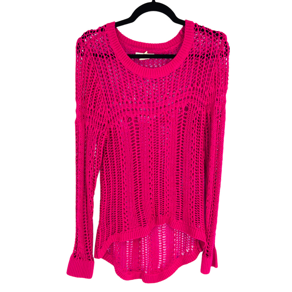 Billabong Hot Pink Open-Weave High Low Long Sleeve Beach Sweater Size Medium